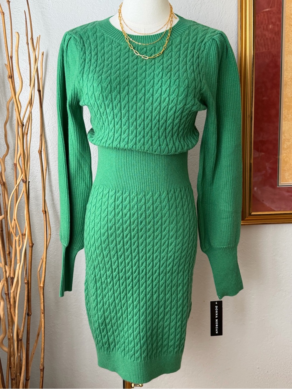 183~ NWT~ Donna Morgan “Leola” Cable Knot Sweater Dress Hunter Green Small